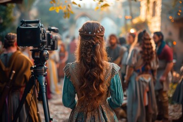 A film crew captures a movie scene in a vintage setting at sunset, with actors dressed in period costumes gathered in a rural landscape. - obrazy, fototapety, plakaty