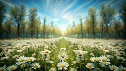 Stunning Spring Nature Backgrounds: Blooming Chamomile, Trees, Blue Sky