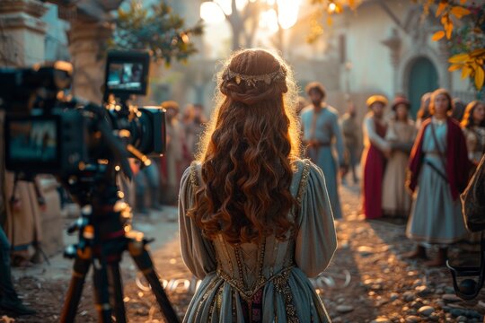 A film crew captures a movie scene in a vintage setting at sunset, with actors dressed in period costumes gathered in a rural landscape.