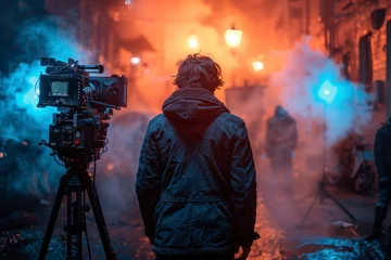 Fototapeten A cinematographer operates a camera on a tripod, capturing a scene outside a house bathed in atmospheric blue light and fog at dusk. © photolas