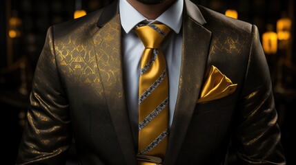Sophisticated Businessman in Black and Gold Baroque Suit