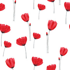 Seamless pattern, watercolor red poppy flowers on a white background, hand-drawn. Pattern template for holiday, design, decoration, fabric, wallpaper, wrapping paper. Floral beautiful background.