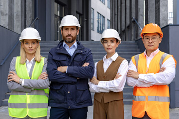 Portrait of an interracial group of men and women, a team of engineers and construction workers standing outside an office, crossing their arms over their chests and looking into the camera.