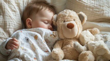 A baby snuggling with their favorite stuffed animal at bedtime.