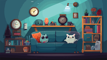 Illustration of a living room with stuffed head dec - obrazy, fototapety, plakaty