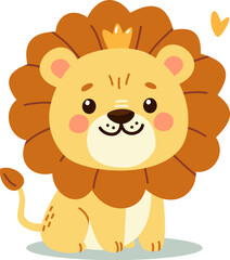 Cute lion on white background wearing a crown. Flat vector illustration in children's style . Vector illustration