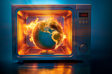 Planet Earth globe is burning in a microwave oven, conceptual illustration of global warming, temperature increase, over heating of the world in climate change - 781238393