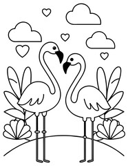 beautiful summer coloring page for children with a flamingo
