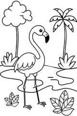 beautiful summer coloring page for children with a flamingo