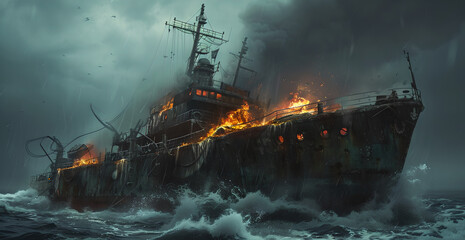 fire scene of an old ship in bad weather, photorealistic surrealism, terrorwave, action-packed...