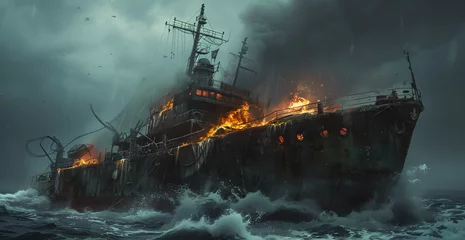 Fototapete fire scene of an old ship in bad weather, photorealistic surrealism, terrorwave, action-packed cartoons A violent and major sea storm,High waves, smoke, clouds © YOUCEF