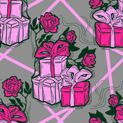 Gift box, ribbon and flowers seamless pattern for wrapping present with bow, party celebration, sale promotion, Textile print, fabric design, banner background. Hand drawn illustration cartoon style.