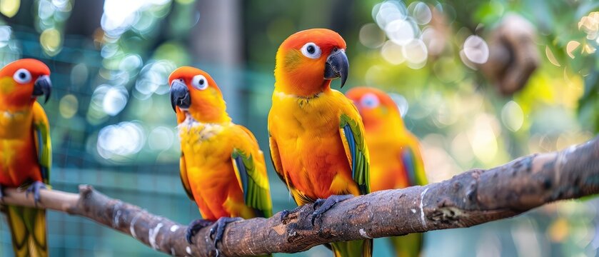 Colorful Sun Conure parrots eating peanut and hanging on tree branch in cage. Wildlife at zoo