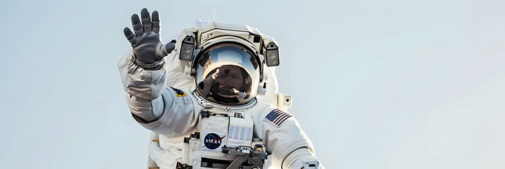 An astronaut reaching out towards the viewer against a clear sky backdrop, symbolizing connection and exploration