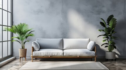 A white couch sits in front of a window with a potted plant on the left side. The room has a modern and minimalist design, with a white wall and a grey floor