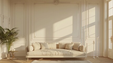 A white room with a couch and a plant. The room is very clean and has a lot of natural light coming in through the windows