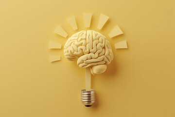 Yellow brain light bulb, bright idea creative mind, eureka inspiration moment, creative thinking concept