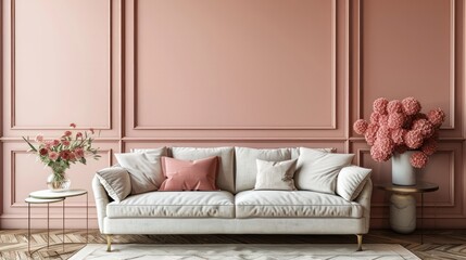 A white couch sits in front of a pink wall