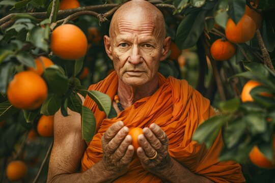 Elderly Monk in Orange Robes Holding Fresh Oranges in a Lush Orchard, Symbolizing Harmony with Nature and Spiritual Nourishment - Powered by Adobe