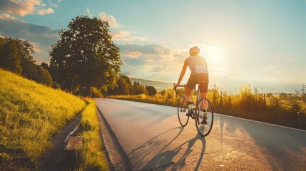 A cyclist riding through a scenic countryside, enjoying the freedom of the open road.