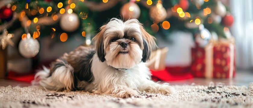 Cute Shih Tzu dog Crouching near the Christmas tree,health dog.