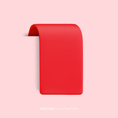 Vector Realistic 3d Red Ribbon on pink background. Vintage design element, decorative simple bookmark sticker with shadow. Cartoon 3d ribbon tag for sale banner, price tag, advert, game, app, label.