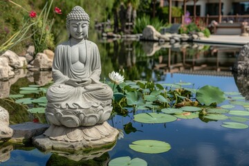 Tranquil Oasis: Buddha Statue by Lotus Waters
