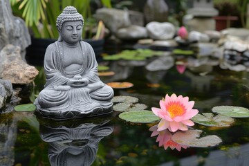 Serene Buddha Reflection in Lotus Pond