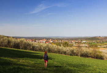 Young woman walking on meadow with blossom tree and small Czech village Lhenice - 781241129