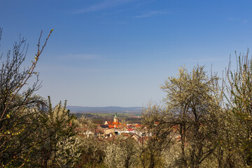 Small village Lhenice at springtime with cherry blossom tree. Czech landscape - 781241146