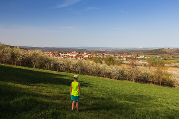 Small boy walking on meadow with blossom tree and small Czech village Lhenice