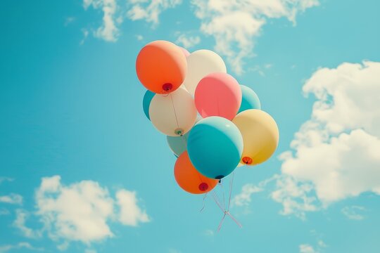 Colorful Balloons Soaring High in a Clear Blue Sky
