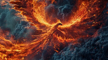 Majestic Phoenix Rising, Illuminated Fiery Wings Amidst Dark Smoke and Glowing Embers - obrazy, fototapety, plakaty