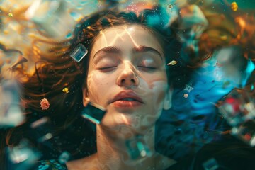 Dreamlike Closeup with Person Encircled by Sea Creatures