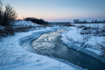 Serene Wintery River Scene at Dusk