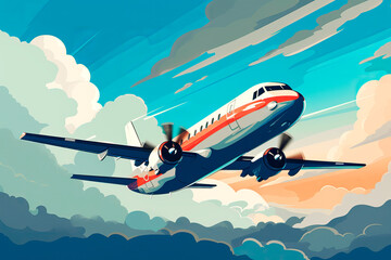 Illustration of a white and red passenger plane flying in the sky among the clouds. Travel and vacation concept.