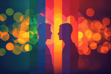 Artistic illustration of gay couple with face to face embracing. - obrazy, fototapety, plakaty