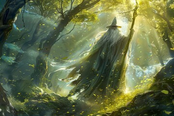 Enchanted Forest Light Rays with Mysterious Cloaked Figure and Magical Atmosphere Fantasy Artwork
