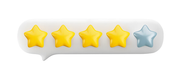 Vector 3d gold four stars out of five in white speech bubble. Realistic render of customer review, rating, feedback concept. 3d quality service symbol isolated on white background.