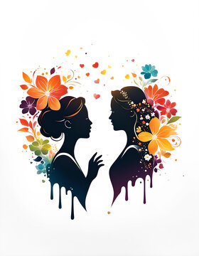 Vorlage Motiv Hintergrund f&uuml;r Hochzeit Einladung Karten Dankeskarte gleichgeschlechtlich lesbisch Freundinnen als Silhouette mit Bl&uuml;ten und Blumen verliebt 2 Frauen in Liebe Freundschaft Valentin