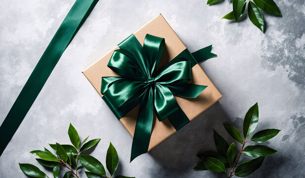 From above top view of natural paper brown gift box with dark green ribbon decorated with Ruscus plant leaves on concrete background