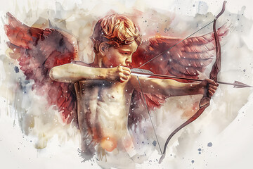 Watercolour oil painting of Cupid the Roman god of love who's Greek equivalent is Eros, for use as a Valentine Day's card or flyer, stock illustration image