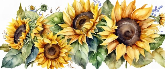 A painting of four sunflowers with green leaves. The painting is vibrant and full of life, with the sunflowers being the main focus. The colors are bright and cheerful, and the composition is balanced - obrazy, fototapety, plakaty