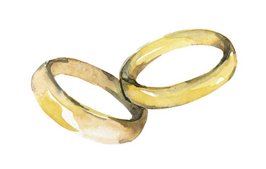 Rings of the bride and groom, icon, isolated. Wedding rings painted in watercolor on a white background. Wedding accessories made of gold, wedding decorations in sketch style