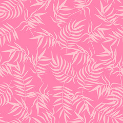 Fototapeta na wymiar Abstract tropical palm leaf seamless pattern. Trendy summer texture, palm leaves print on pink background. Vector pattern for fabric, wrapping paper, decor element, wallpapers, natural product cover.