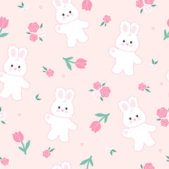 Seamless pattern with cute fluffy bunnies and flowers. Vector graphics - obrazy, fototapety, plakaty