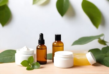 Various skincare products including cream jars and oil bottles arranged neatly on a white wooden surface surrounded by green leaves.