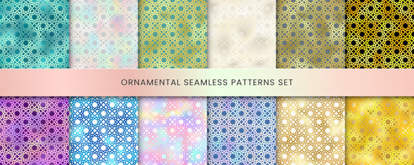 Arabic style seamless patterns set. Vector shiny holographic round oriental ornaments, abstract gold, blue, green gradient background. Islamic traditional textures for backgrounds, decoration.