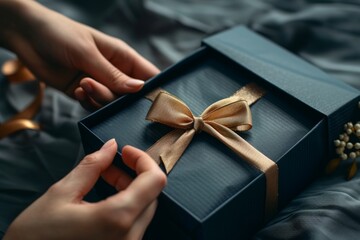 Surprise Present with Gold Ribbon, Closeup of Hands