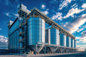 industrial building with several metal tanks